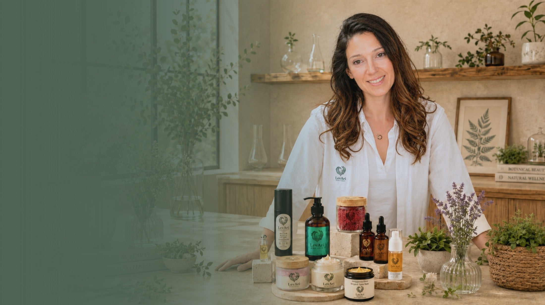 Elena, founder of LevAri Botanica, at her workspace with the LevAri product range
